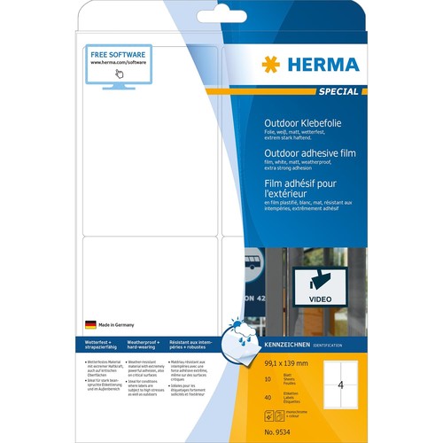 Folien-Etiketten Laser+Kopier 99,1x139mm auf A4 Bögen wetterfest+alterungs- beständig matt weiß Herma 9534 (PACK=40 STÜCK) Produktbild Additional View 1 L