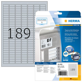 Typenschildetiketten Laser+Kopier 25x10mm auf A4 Bögen wetterfest+ alterungsbeständig silber Herma 4220 (PACK=4725 STÜCK) Produktbild