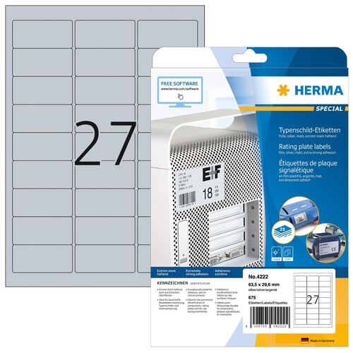 Typenschildetiketten Laser+Kopier 63,5x29,6mm auf A4 Bögen wetterfest+ alterungsbeständig silber Herma 4222 (PACK=675 STÜCK) Produktbild