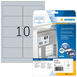 Typenschildetiketten Laser+Kopier 96x50,8mm auf A4 Bögen wetterfest+ alterungsbeständig silber Herma 4223 (PACK=250 STÜCK) Produktbild