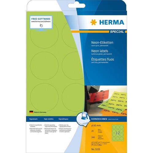 Etiketten Inkjet+Laser+Kopier ø 60mm auf A4 Bögen neongrün permanent Herma 5155 (PACK=240 STÜCK) Produktbild Additional View 1 L