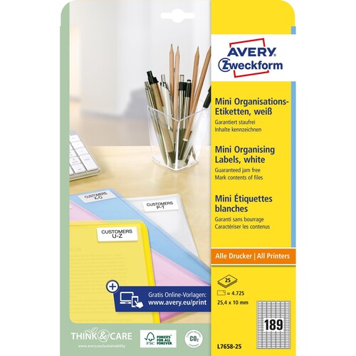 Mini-Etiketten Inkjet+Laser+Kopier 25,4x10mm auf A4 Bögen weiß Zweckform L7658-25 (PACK=4725 STÜCK) Produktbild Additional View 1 L