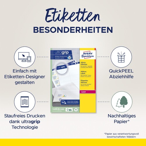 Adress-Etiketten Laser+Kopier 45,7x21,2mm auf A4 Bögen weiß Zweckform L7636-25 (PACK=1200 STÜCK) Produktbild Additional View 3 L