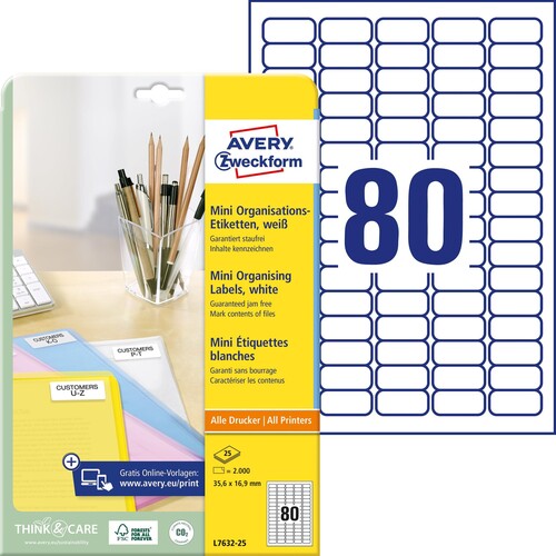 Mini-Etiketten Inkjet+Laser+Kopier 35,6x16,9mm auf A4 Bögen weiß Zweckform L7632-25 (PACK=2000 STÜCK) Produktbild