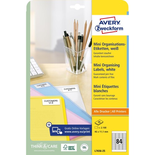 Mini-Etiketten Inkjet+Laser+Kopier 46x11,1mm auf A4 Bögen weiß Zweckform L7656-25 (PACK=2100 STÜCK) Produktbild Additional View 1 L