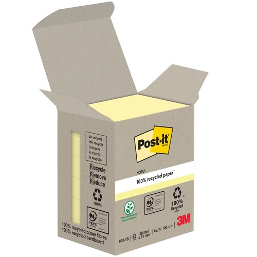 Haftnotizen Post-it Recycling Notes Mini Tower 38x51mm gelb Papier 3M 653-1B (PACK=6x 100 BLATT) Produktbild Additional View 1 L