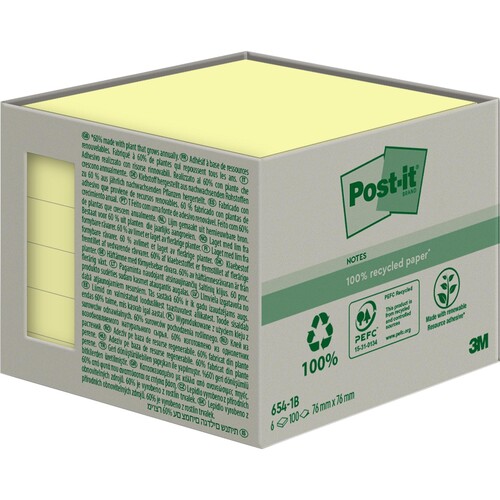 Haftnotizen Post-it Recycling Notes Mini Tower 76x76mm gelb Papier 3M 654-1B (PACK=6x 100 BLATT) Produktbild Front View L