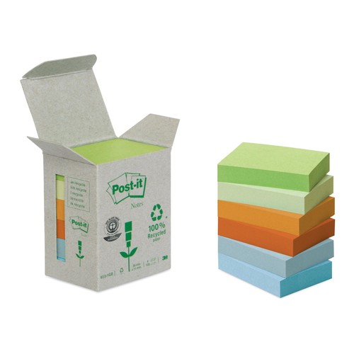 Haftnotizen Post-it Recycling Notes Mini Tower 38x51mm rainbowfarben Papier 3M 6531GB (ST=6x 100 BLATT) Produktbild