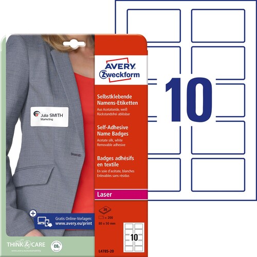 Namens-Etiketten Laser+Kopier 80x50mm auf A4 Bögen weiß Acetatseide Zweckform L4785-20 (PACK=200 STÜCK) Produktbild