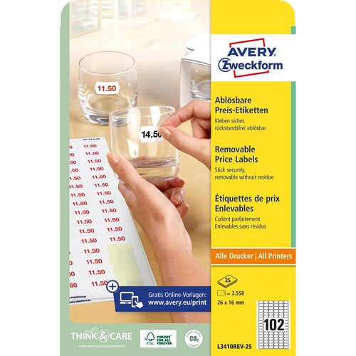 Preis-Etiketten Inkjet+Laser+Kopier 26x16mm auf A4 Bögen weiß wiederablösbar Zweckform L3410REV-25 (PACK=2550 STÜCK) Produktbild Additional View 1 L