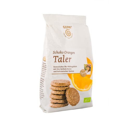 Bio Schoko Orangen-Taler Mürbegebäck GEPA 8911915 (PACK=125 GRAMM) Produktbild Front View L