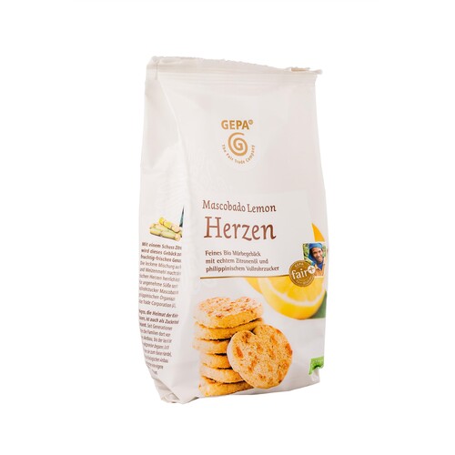 Bio Mascobado Lemon Herzen Mürbegebäck GEPA 8911917 (PACK=125 GRAMM) Produktbild Additional View 1 L