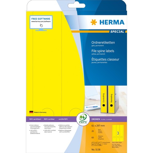 Rückenschilder zum Bedrucken 61x297mm lang breit auf A4 Bögen gelb selbstklebend Herma 5136 (PACK=60 STÜCK) Produktbild Additional View 1 L
