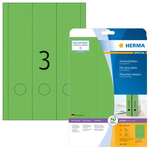 Rückenschilder zum Bedrucken 61x297mm lang breit auf A4 Bögen grün selbstklebend Herma 5139 (PACK=60 STÜCK) Produktbild