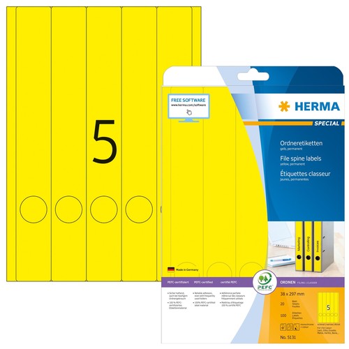 Rückenschilder zum Bedrucken 38x297mm lang schmal auf A4 Bögen gelb selbstklebend Herma 5131 (PACK=100 STÜCK) Produktbild