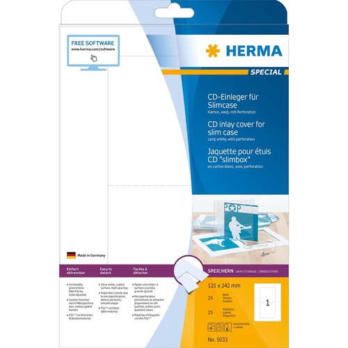 CD-Einleger Inkjet+Laser+Kopier für Slimcase 121x242mm auf A4 Bögen weiß perforiert Herma 5033 (PACK=25 STÜCK) Produktbild Additional View 1 L