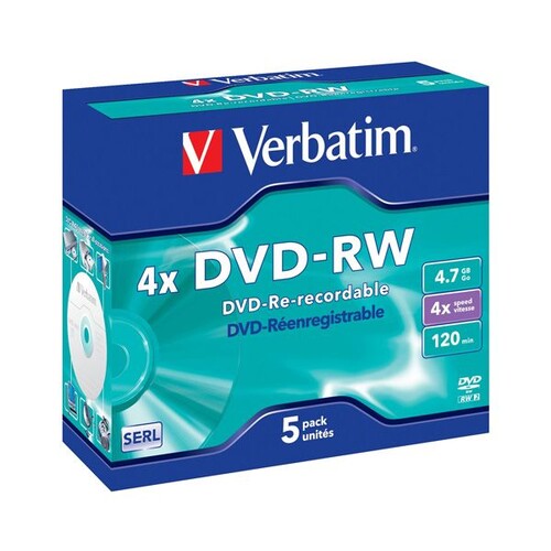 DVD-RW 4fach Jewel Case 4,7 GB/120Min Verbatim 43285 (PACK=5 STÜCK) Produktbild Front View L