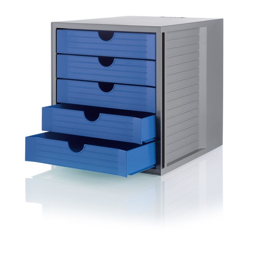 Schubladenbox Öko 5 Schübe 275x320x330mm Gehäuse grau Schübe blau Kunststoff HAN 14508-16 Produktbild Additional View 1 L