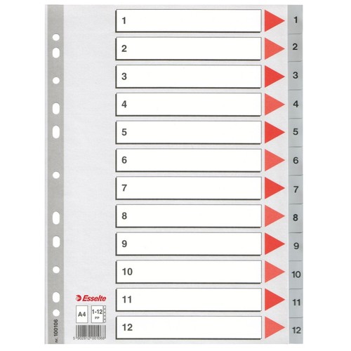 Register A4 225x297mm Zahlen 1-12 grau Plastik Esselte 100106 Produktbild Front View L