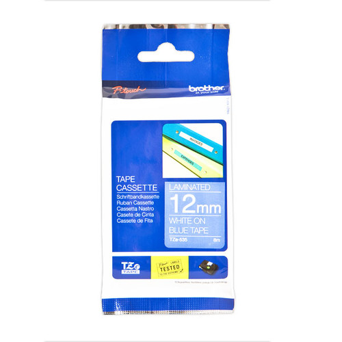 Schriftband laminiert 12mm/8m weiß auf blau Brother TZe-535 (ST=8 METER) Produktbild Additional View 1 L