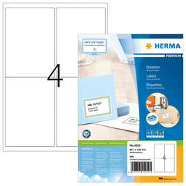 Adress-Etiketten PREMIUM Inkjet+ Laser+Kopier 99,1x139mm auf A4 Bögen weiß permanent Herma 4250 (PACK=400 STÜCK) Produktbild