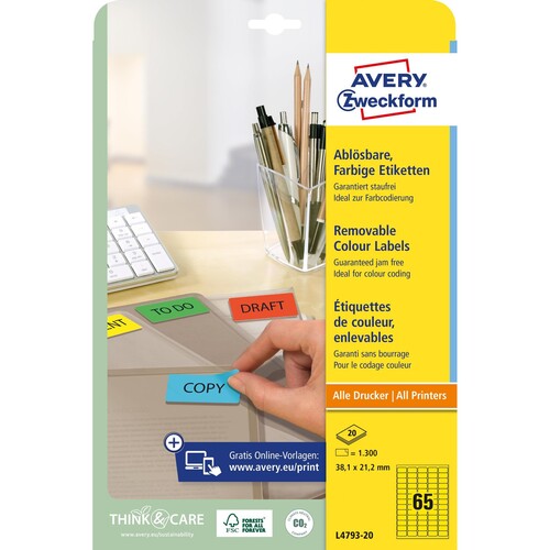 Etiketten Inkjet+Laser+Kopier 38,1x21,2mm auf A4 Bögen gelb wiederablösbar Zweckform L4793-20 (PACK=1300 STÜCK) Produktbild Additional View 1 L