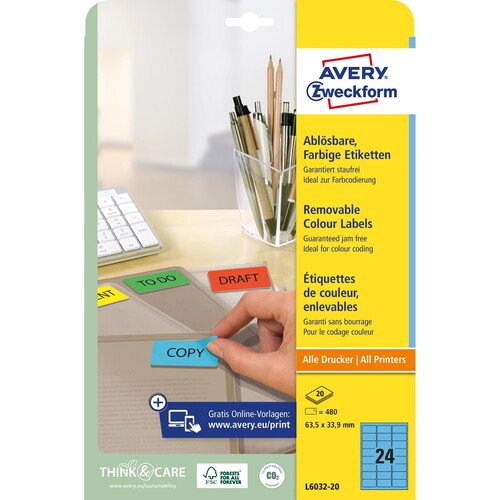 Etiketten Inkjet+Laser+Kopier 63,5x33,9mm auf A4 Bögen blau wiederablösbar Zweckform L6032-20 (PACK=480 STÜCK) Produktbild Additional View 1 L