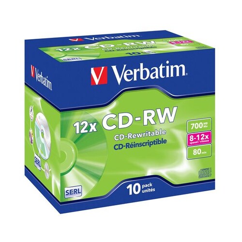 CD Rohling CD-RW mehrmals beschreibbar Jewel Case 12-fach 700MB/80Min. Verbatim 43148 (PACK=10 STÜCK) Produktbild Front View L