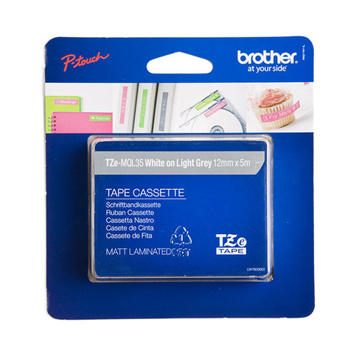Schriftband laminiert 12mm/5m weiß auf hellgrau Brother TZe-MQL35 (ST=5 METER) Produktbild Front View L