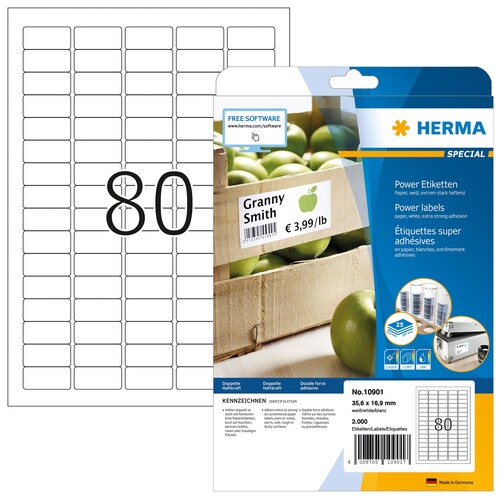 Etiketten Inkjet+Laser+Kopier 35,6x16,9mm auf A4 Bögen weiß extrem stark haftend Herma 10901 (PACK=2000 STÜCK) Produktbild
