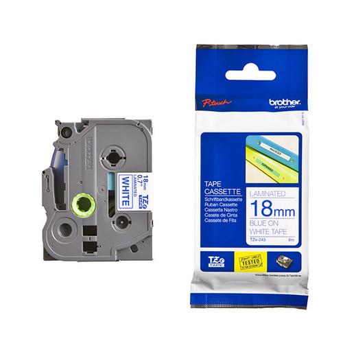 Schriftband laminiert 18mm/8m blau auf weiß Brother TZe-243 (ST=8 METER) Produktbild Front View L