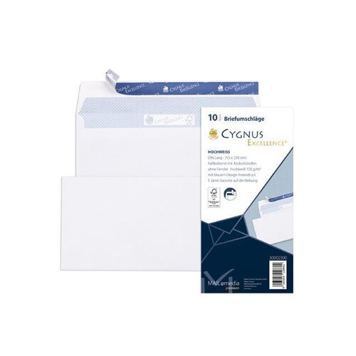 Briefumschlag CYGNUS ohne Fenster DIN lang 110x220mm mit Haftklebung 100g weiß mit blauem Innendruck FSC (PACK=10 STÜCK) Produktbild Front View L