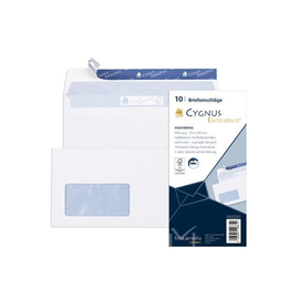 Briefumschlag CYGNUS mit Fenster DIN lang 110x220mm mit Haftklebung 100g weiß mit blauem Innendruck FSC (PACK=10 STÜCK) Produktbild