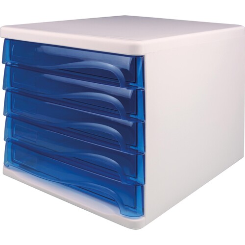 Schubladenbox Economy 5 Schübe 265x340x250mm weiß/blau transparent Kunststoff Helit H6129430 Produktbild Front View L