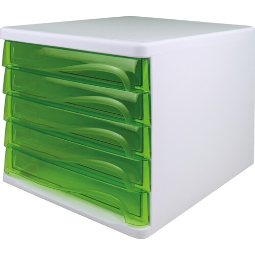 Schubladenbox Economy 5 Schübe 265x340x250mm weiß/grün transparent Kunststoff Helit H6129450 Produktbild Front View L