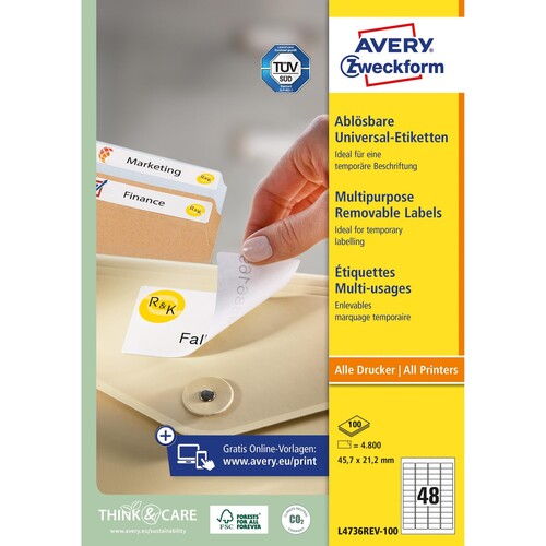 Etiketten Inkjet+Laser+Kopier 45,7x21,2mm auf A4 Bögen weiß wiederablösbar Zweckform L4736REV-100 (PACK=4800 STÜCK) Produktbild Additional View 1 L