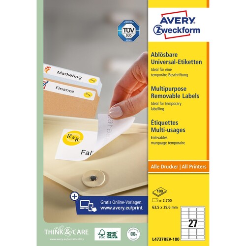 Etiketten Inkjet+Laser+Kopier 63,5x29,6mm auf A4 Bögen weiß wiederablösbar Zweckform L4737REV-100 (PACK=2700 STÜCK) Produktbild Additional View 2 L