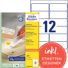 Etiketten Inkjet+Laser+Kopier 99,1x42,3mm auf A4 Bögen weiß wiederablösbar Zweckform L4743REV-100 (PACK=1200 STÜCK) Produktbild