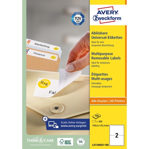Etiketten Inkjet+Laser+Kopier 199,6x143,5mm auf A4 Bögen weiß wiederablösbar Zweckform L4734REV-100 (PACK=200 STÜCK) Produktbild Additional View 1 L