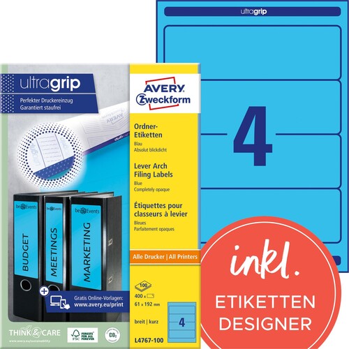 Rückenschilder zum Bedrucken 61x192mm kurz breit auf A4 Bögen blau selbstklebend Zweckform L4767-100 (PACK=400 STÜCK) Produktbild