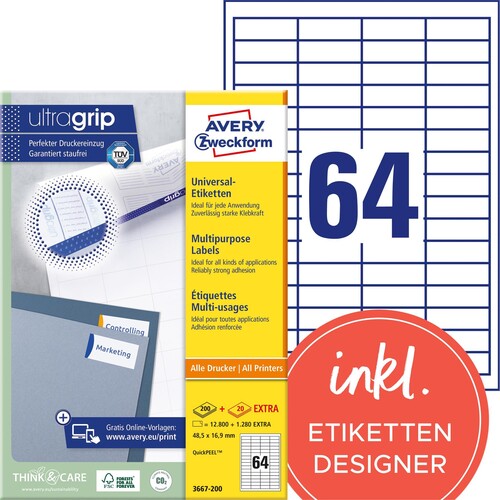 Etiketten Inkjet+Laser+Kopier 48,5x16,9mm auf A4 Bögen weiß Zweckform 3667-200 (PACK=14080 STÜCK) Produktbild