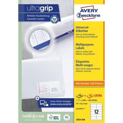Etiketten Inkjet+Laser+Kopier 97x42,3mm auf A4 Bögen weiß Zweckform 3659-200 (PACK=2640 STÜCK) Produktbild Additional View 1 L