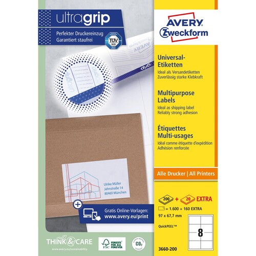 Etiketten Inkjet+Laser+Kopier 97x67,7mm auf A4 Bögen weiß Zweckform 3660-200 (PACK=1760 STÜCK) Produktbild Additional View 1 L