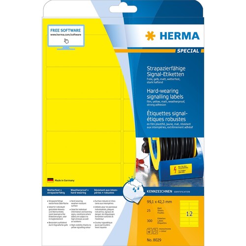 Etiketten Laser+Kopier 99,1x42,3mm auf A4 Bögen gelb wetterfest+ strapzierfähig Herma 8029 (PACK=300 STÜCK) Produktbild Additional View 1 L