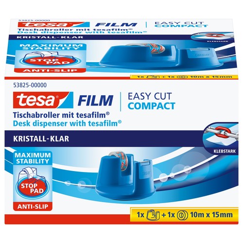 Tischabroller Easy Cut Compact incl. 1Rolle befüllbar bis 19mm x 33m blau Tesa 53825-00000-01 Produktbild Additional View 1 L