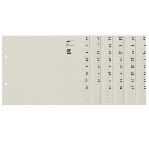 Registerserie A4 halbe Höhe überbreit A-Z 240x200mm für 75 Ordner grau Papier Leitz 1351-00-85 Produktbild Front View L