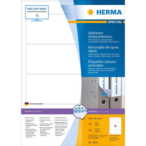 Rückenschilder zum Bedrucken 61x192mm kurz breit auf A4 Bögen Movables weiß wiederablösbar Herma 10141 (PACK=400 STÜCK) Produktbild Additional View 1 L
