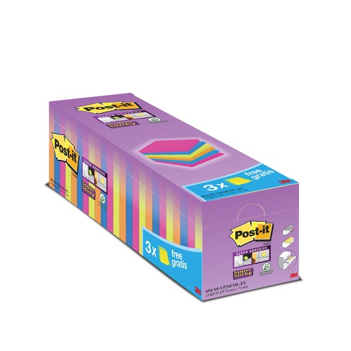 Haftnotizen Post-it Super Sticky Notes Promotion 76x76mm neon Papier 3M 654SE24P (PACK=21X90BLATT + 3X90BLATT GRATIS) Produktbild Additional View 1 L