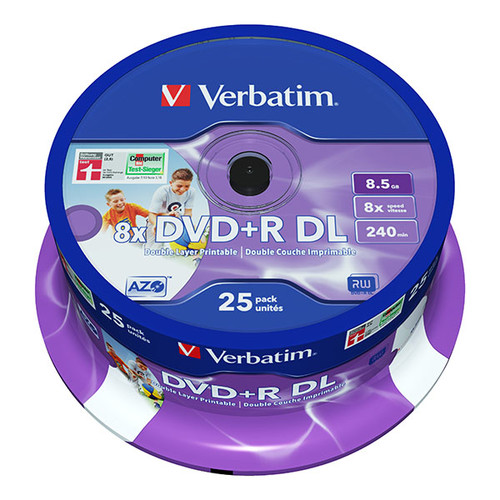DVD+R DL 8fach Datalife Plus bedruckbar White Fullsize Surface 8,5GB/240Min. Verbatim 43667 (PACK=25 STÜCK) Produktbild Front View L