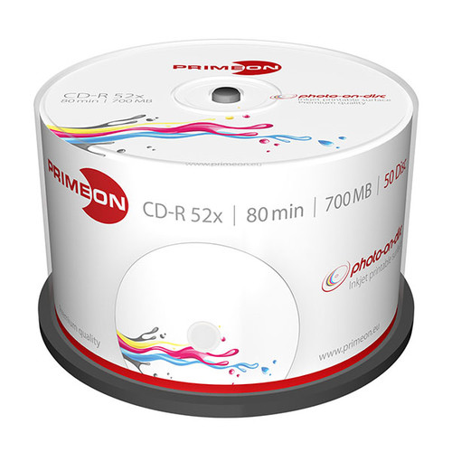 CD Rohling CD-R bedruckbar White Fullsize Surface 52er Speed 700MB/80Min. photo-on-disc Cakebox Primeon 2761105 (PACK=50 STÜCK) Produktbild Front View L